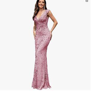 XUIBOL Sequin Double V-Neck Sleeveless Mermaid Long Evening Dress (Pink, XL)